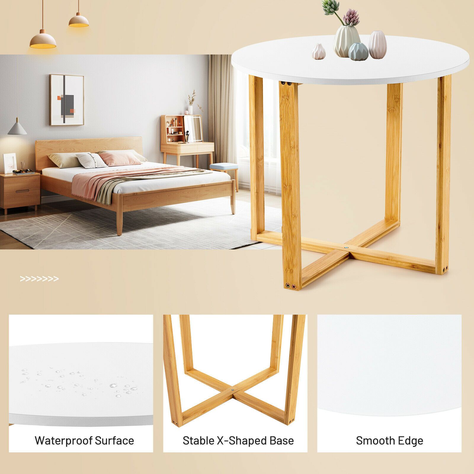 Modern Round Side Table with Bamboo Legs and Waterproof Surface